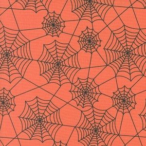 May include: A seamless pattern of black spiderwebs on a bright orange background. The webs are intricate and detailed, creating a spooky and festive design.