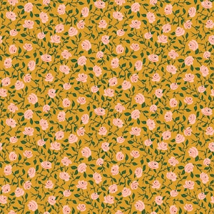 May include: A seamless pattern featuring pink roses with red centers on a mustard yellow background. The roses are arranged in a random pattern with green leaves and stems.
