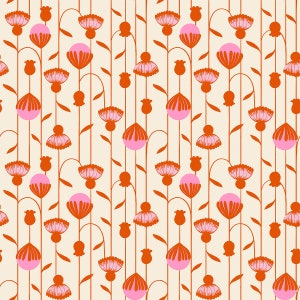 May include: A seamless pattern featuring a repeating design of pink and orange flowers with stems on a cream background.