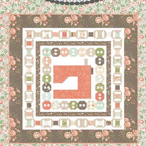 May include: A mini quilt pattern featuring a sewing machine design with a brown, peach, and green color scheme. The pattern is titled "#222 In Stitches Mini Quilt" and is from the Coriander Quilts collection by Corey Yoder.