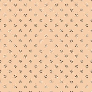 May include: A seamless pattern with a repeating design of small black circles with a radiating pattern of dots around them on a light peach background.
