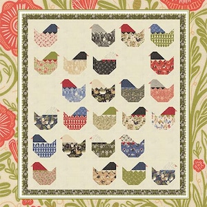 May include: A quilt pattern titled "Hen Party" featuring a repeating pattern of stylized chickens in various fabric patterns. The background is a floral design with red flowers and green leaves. The text "by Coach House Designs" is also included.