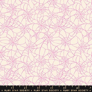May include: Cream-colored fabric with a repeating pattern of pink spiderwebs. The spiderwebs are drawn with thin lines, creating a delicate and intricate design. The fabric has a Halloween or spooky theme.