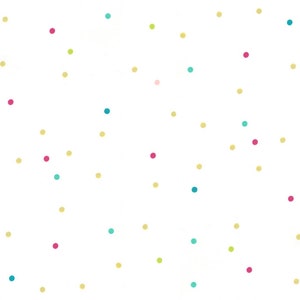 May include: Abstract background with a white background and a scattered pattern of small, colorful dots in shades of yellow, teal, and pink.