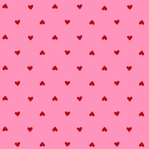 May include: A pink background with a repeating pattern of small, red hearts. The hearts are evenly spaced and arranged in rows and columns, creating a simple, yet romantic design. The hearts are a deep red color.