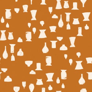 May include: A seamless pattern of white silhouettes of various vases and cups on a burnt orange background.
