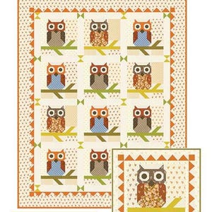May include: A quilt pattern titled Olivander featuring a grid of twelve owl blocks perched on branches, with a cream background and orange borders. A smaller matching mini quilt is shown in the corner. Text reads: Includes a bonus mini quilt too!