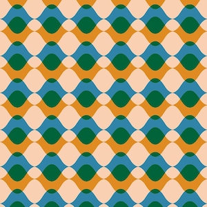 May include: A repeating pattern featuring a series of overlapping shapes in a retro style. The design incorporates a palette of peach, teal, green, and gold, creating a vibrant and eye-catching visual.