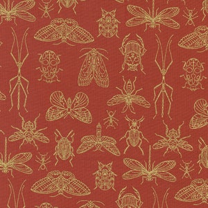 May include: A red fabric with a gold pattern of various insects, including butterflies, moths, beetles, and dragonflies.