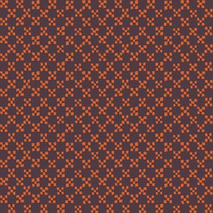 May include: A repeating pattern of small, orange, square-like shapes arranged in a grid-like design against a dark brown background. The pattern creates a textured, cross-like visual effect, suitable for fabric or wallpaper.