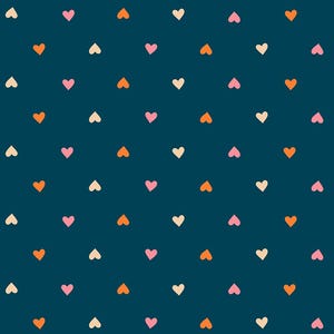 May include: A seamless pattern of hearts in various shades of pink, orange, and cream on a dark blue background.
