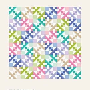 May include: A colorful quilt with a geometric pattern of squares and diamonds in shades of pink, green, blue, and tan. The text "SUGARCUBES" is at the top. The quilt sizes are: Baby 36" x 36", Small throw 54" x 54", Large throw 72" x 72", and Queen 90" x 108".