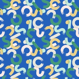 May include: A seamless pattern featuring abstract shapes in shades of blue, green, yellow, and white on a bright blue background. The shapes are created with brushstrokes and resemble circles, arcs, and lines.