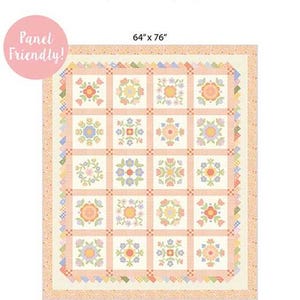 May include: A floral quilt with a pastel color palette, featuring a grid of flower blocks. The quilt measures 64 x 76 inches. The design is called "Primrose Path" and is part of the Pastel Prairie Fabric Collection.