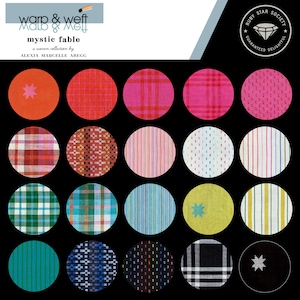 May include: A collection of fabric swatches in various colors and patterns, including plaid, stripes, and dots. The image features a black background with circular fabric samples. Text includes "warp & weft", "mystic fable", and "Ruby Star Society".