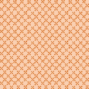 May include: A repeating pattern of small, orange, square-like shapes arranged in a diagonal grid on a light peach background. The design creates a textured, geometric effect, suitable for fabric or wallpaper.