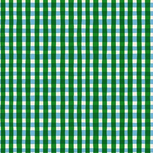 May include: A seamless pattern featuring a grid of vertical and horizontal lines, creating a checkered design. The pattern uses a color palette of green, light blue, and off-white, with a hand-drawn aesthetic. The design is suitable for various applications.