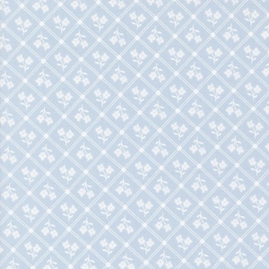 May include: A light blue fabric with a white floral pattern. The pattern features small white flowers with stems arranged in a diamond pattern.