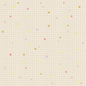 May include: A beige grid pattern paper featuring a scattered arrangement of small, colorful geometric shapes including circles, stars, triangles, diamonds, and plus signs in shades of yellow, pink, orange, and light purple across the surface.