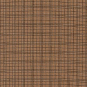 May include: A close-up of a fabric with a brown background and a dark gray plaid pattern. The plaid consists of evenly spaced horizontal and vertical lines, creating a grid-like design. The fabric has a slightly textured appearance.