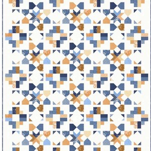 May include: A detailed quilt with a repeating geometric pattern in shades of blue, tan, and white. The design features squares, diamonds, and star-like shapes, creating a visually complex and textured appearance. The quilt has a white border.