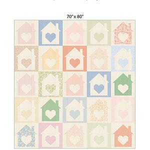 May include: A colorful quilt with a repeating house pattern, each house containing a heart. The quilt is 70" x 80" and features pastel colors. The text "Loving Home" is displayed below the quilt, with the words "My Sew Quilty Life" at the top.