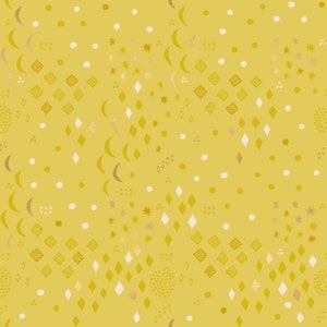 May include: A seamless pattern featuring a variety of gold and white shapes on a yellow background. The shapes include crescents, stars, diamonds, and circles.