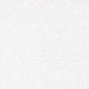 May include: White fabric with an embroidered floral pattern. The design features detailed outlines of various flowers and leaves, creating a delicate and textured appearance. The overall aesthetic is clean and elegant.