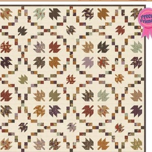 May include: A square quilt featuring a repeating pattern of autumn leaves in shades of brown, orange, green, and purple set against a cream background. The leaves are framed by a grid of small, multi-colored squares. A pink badge reads Precut Friendly.