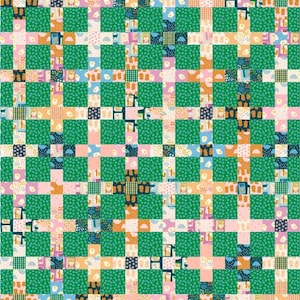May include: A colorful patterned fabric featuring a grid design. The grid is composed of green squares and intersecting bands of various patterns and colors, including pink, blue, and orange. The fabric has a playful and whimsical aesthetic.