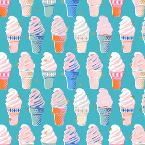 May include: A repeating pattern of colorful ice cream cones on a teal background. The ice cream cones have a variety of colors, including pink, white, orange, and blue. Some cones have gold star accents. The cones are in a grid-like arrangement.