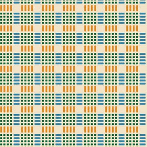 May include: A repeating pattern featuring a grid-like design with alternating blocks of color. The pattern includes vertical and horizontal lines in blue, green, and orange against a cream background. The design is geometric and symmetrical.
