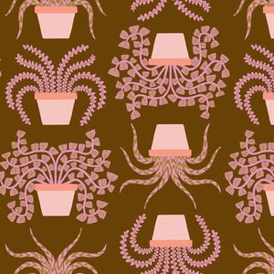 May include: A repeating pattern featuring stylized potted plants in shades of pink and peach against a dark brown background. The plants have long, flowing leaves and are arranged in a symmetrical design.