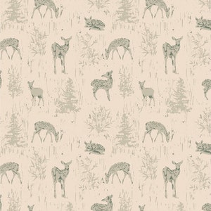 May include: A seamless pattern featuring a repeating design of stylized deer and trees in shades of green and beige on a light beige background.