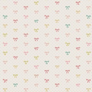 May include: A repeating pattern of small, colorful bows and tiny dots on a cream-colored background. The bows are in shades of pink, red, yellow, and teal. The design is delicate and suitable for fabric or wallpaper.