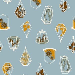 May include: A repeating pattern of terrariums in various geometric shapes, including teardrops and diamonds, filled with plants and flowers. The terrariums are outlined in white against a light blue background. The plants are in shades of brown, yellow, and green.