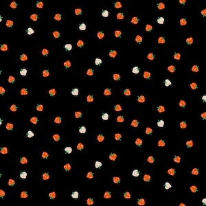 May include: A black background with a repeating pattern of red and white strawberries. The strawberries are scattered randomly across the background.