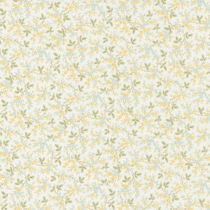 May include: A white background with a repeating pattern of small yellow and blue flowers with green leaves.