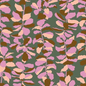 May include: A repeating pattern of stylized leaves and stems in shades of pink, peach, and brown against a muted green background. The design features organic shapes and a modern, botanical aesthetic, suitable for fabric or wallpaper.