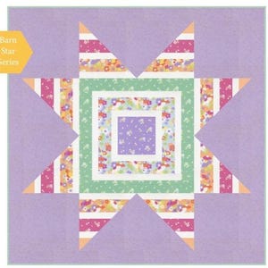 May include: A quilted star design with a lavender background. The star features alternating sections of floral and striped patterns in pink, white, and orange. The center is a square with a floral pattern. The text "Barn Star Series" is in a yellow hexagon.