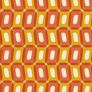 May include: A seamless pattern with a retro design featuring overlapping circles in shades of orange, yellow, and white.