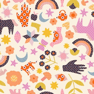 May include: A colorful, whimsical pattern featuring a variety of shapes and figures, including rainbows, stars, flowers, animals, and hands. The background is a light cream color.