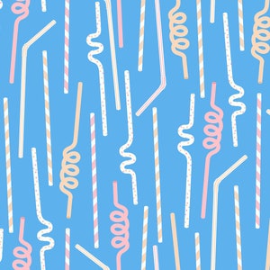 May include: A seamless pattern featuring a variety of colorful drinking straws on a light blue background. The straws are straight, bent, and curly, and come in pink, beige, and white with different patterns.