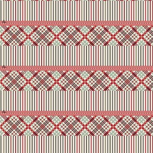 May include: A repeating pattern featuring alternating stripes and plaid designs. The stripes are vertical and in red, green, and black on a cream background. The plaid sections are red, green, and cream. A red band with a dotted pattern separates the sections.