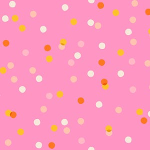 May include: A pink background with a scattered pattern of white, orange, and yellow circles.