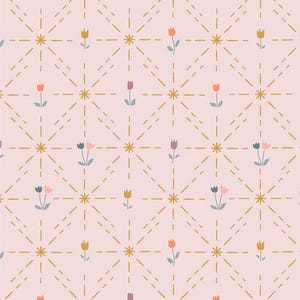 May include: A repeating pattern on a light pink background. The design features gold-colored starbursts connected by dashed lines, with small tulip illustrations in various colors, including orange, purple, and blue.