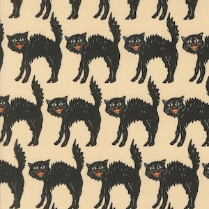 May include: A repeating pattern of black cats with orange eyes on a cream background. The cats are all facing the same direction and have a mischievous expression.
