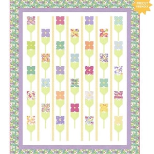 May include: A floral quilt featuring a repeating pattern of stylized flowers in various colors, including pink, purple, blue, and orange. The flowers are set against a white background with green stems and yellow vertical stripes. The quilt has a floral border and a purple inner border.