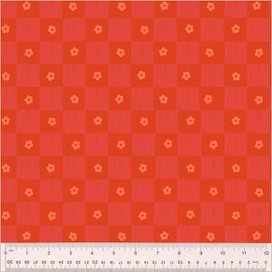 May include: A red and orange checkered fabric with a repeating pattern of small orange flowers. The fabric has a subtle texture and is perfect for quilting, crafts, or home decor.