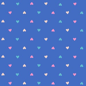 May include: A repeating pattern of small, colorful hearts on a solid blue background. The hearts are in shades of pink, teal, and cream, creating a cheerful and playful design. This pattern is suitable for various applications, such as fabric or wallpaper.